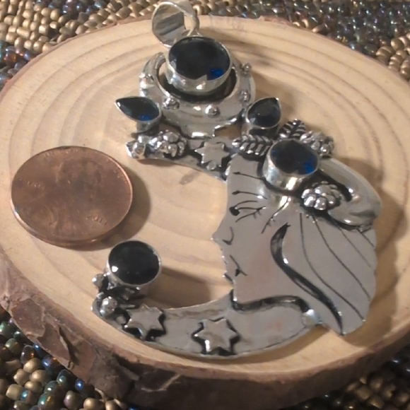 Mystical Silver Moon Pendant with Tanzanite Gemstones Accents - Picture 4 of 5